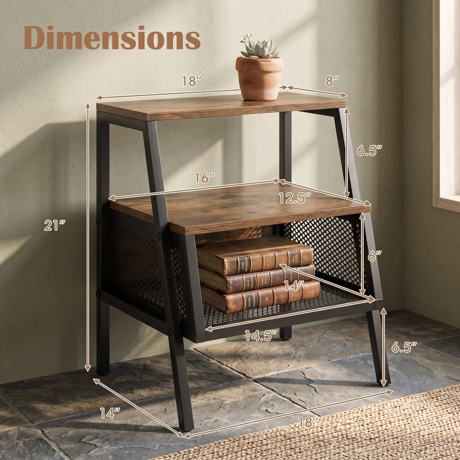 Furnibear Industrial Nightstand 3 Tier End Table with 2 Open Shelves and Metal Mesh Compartment for Bedroom, Rustic Brown