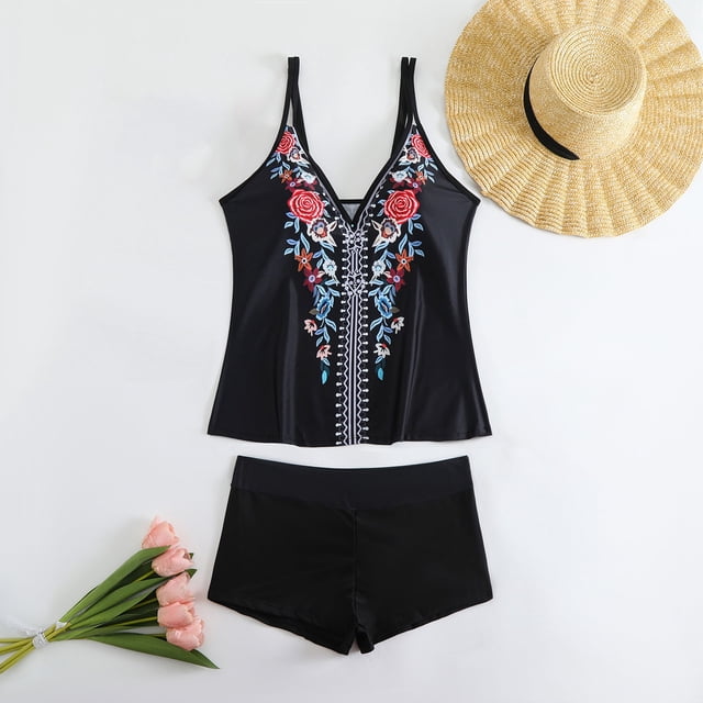 Soldes de Liquidation Aujourd'hui Offres Iumwxz Rétro Bretelles Spaghetti Ajustables Shorts Ensembles de Maillots de Bain Bikini pour Femmes Ensemble de Bikini à Motif Floral Maillots de Bain à Col en V pour Dames Natation Obtenez-le Aujourd'hui