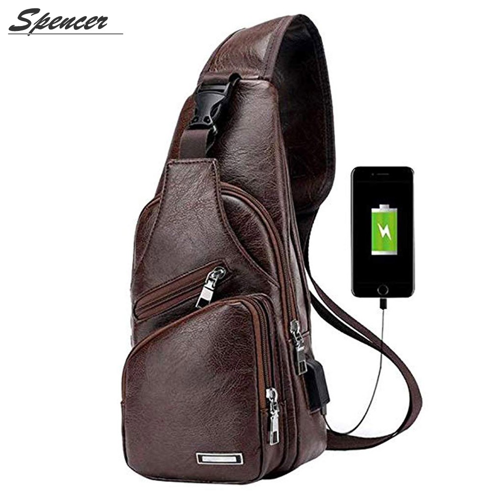 Spencer Men's Leather Sling Bag Anti Theft Chest Shoulder Bag Water Resistant Crossbody Backpack Unbalance Daypack with USB Charging Port for Travel Hiking (13.8" x 6.7" x 2.4",Dark Brown) - image 2 of 5
