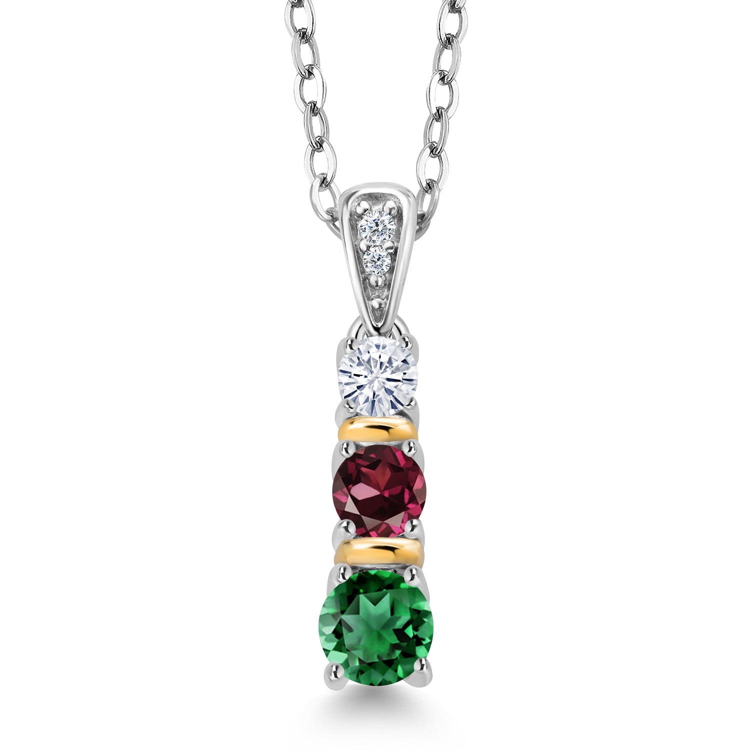Gem Stone King 925 Silver and 10K Yellow Gold Round Green Nano Emerald Red Rhodolite Garnet and White Moissanite Pendant Necklace for Women (0.62 Cttw, Gemstone May Birthstone, with 18 inch Chain)