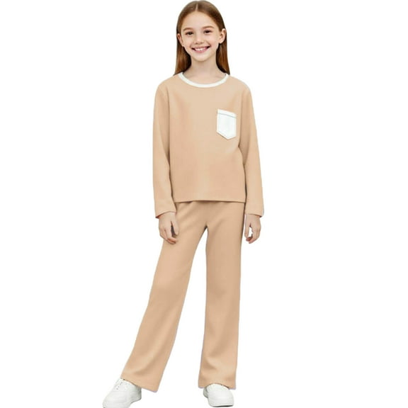 Cethrio Girls Outfit Sets, Knitting Cotton 2 PC Casual Long Sleeve Tops and Pants Sets Khaki Size 14-16