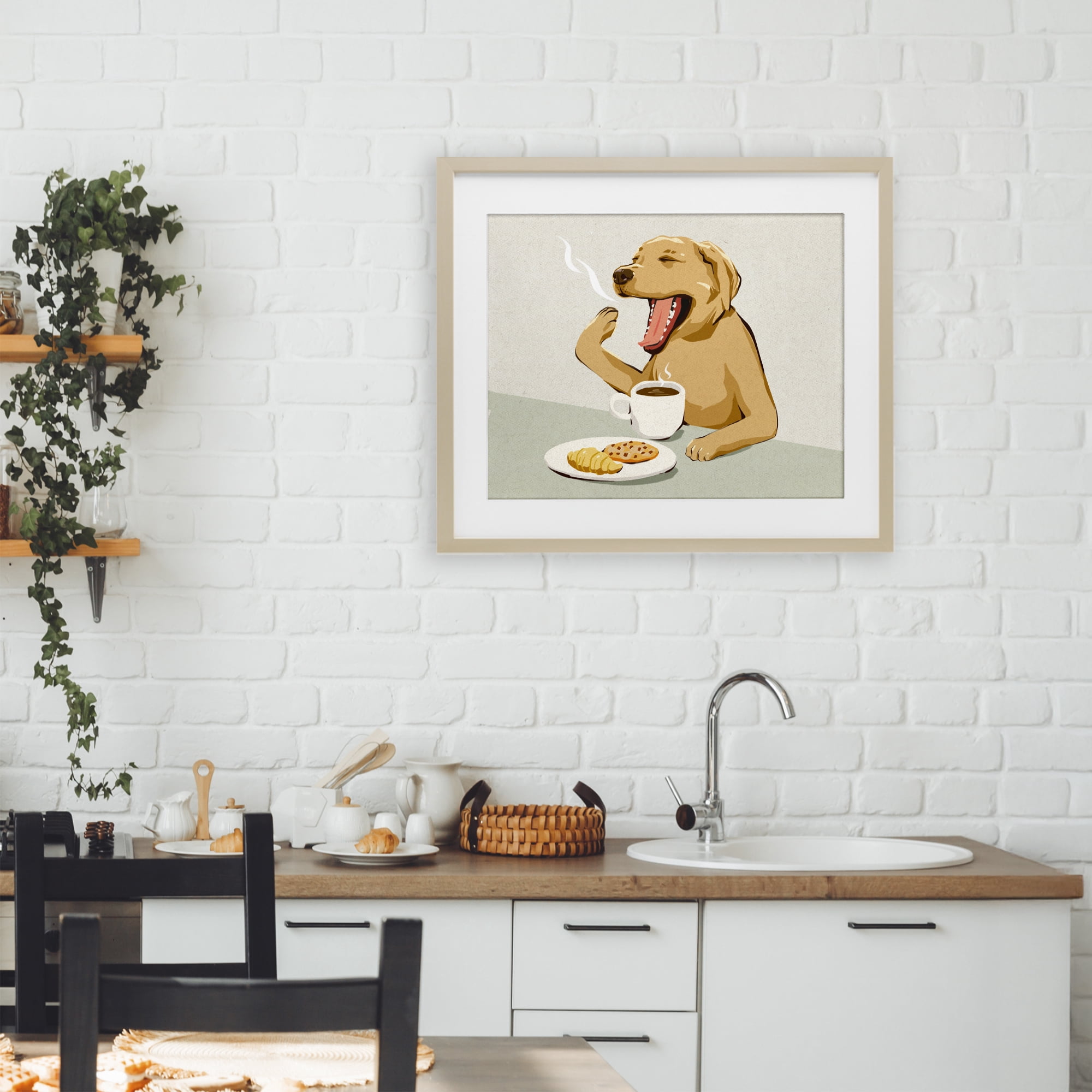Stupell Industries Yawning Dog with Morning Coffee Birch Framed Print Under Glass, design by Ziwei Li