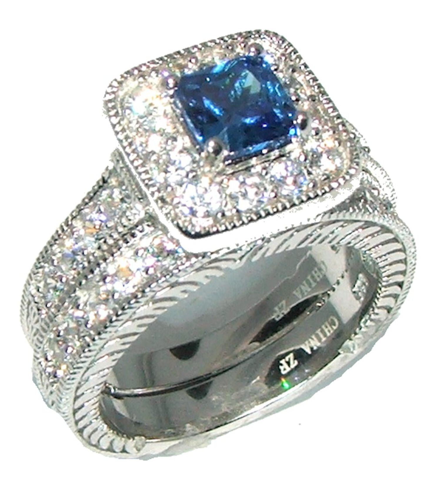 EEJ His Hers Blue & Clear Cz Wedding Ring Set Sterling Silver and Stai His Hers Blue \u0026 Clear Cz Wedding Ring Set Sterling Silver and