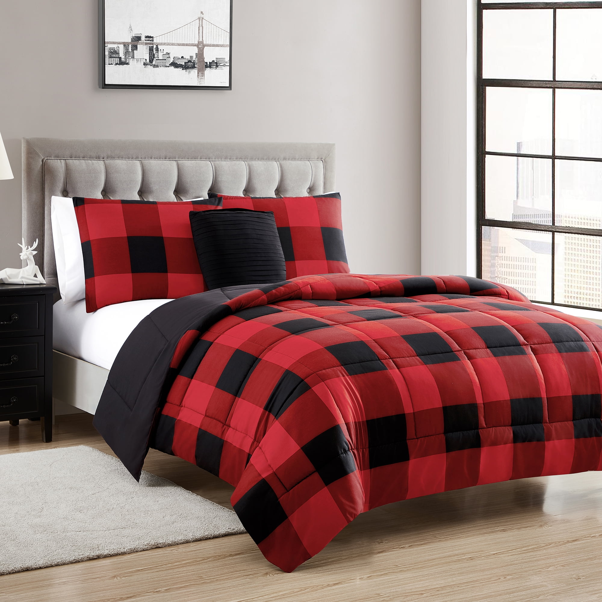 Red Color! 3-Piece Reversible Down Alternative Comforter Set and Shams Black 