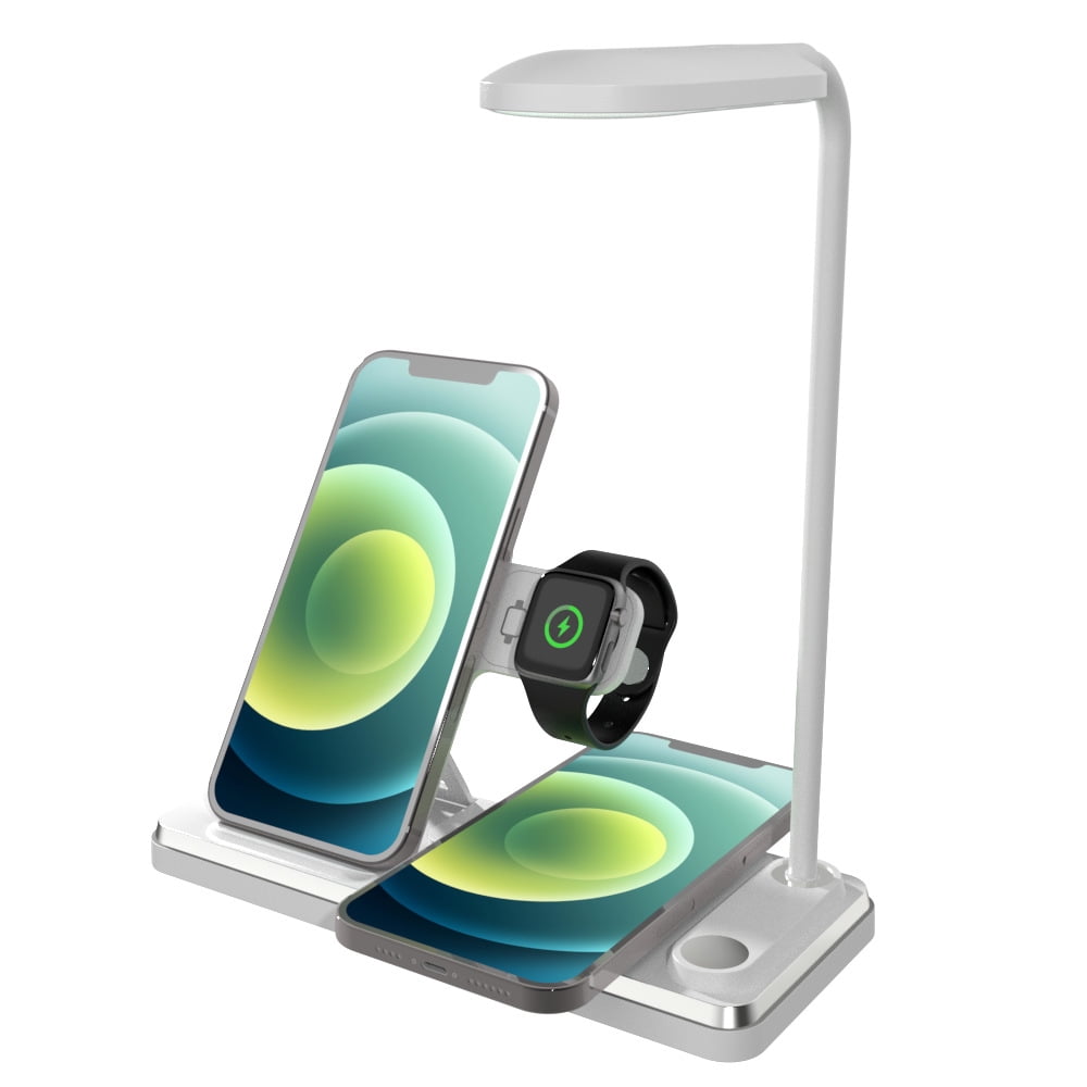 15W Multi-Function Foldable Wireless Charger with LED Night Light and Phone Stand, Compatible with i-Watch/i-Phone/Air-Pods, Portable Design-White