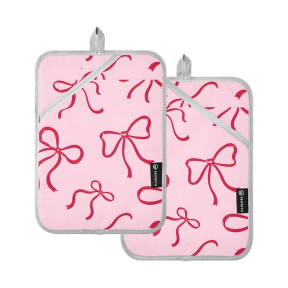 Two Pieces Of Square Heat Insulation Pad Oven Mitts Pink Background Red Bows 7x9.8 Inch Oven Microwave Kitchen Cooking Baking
