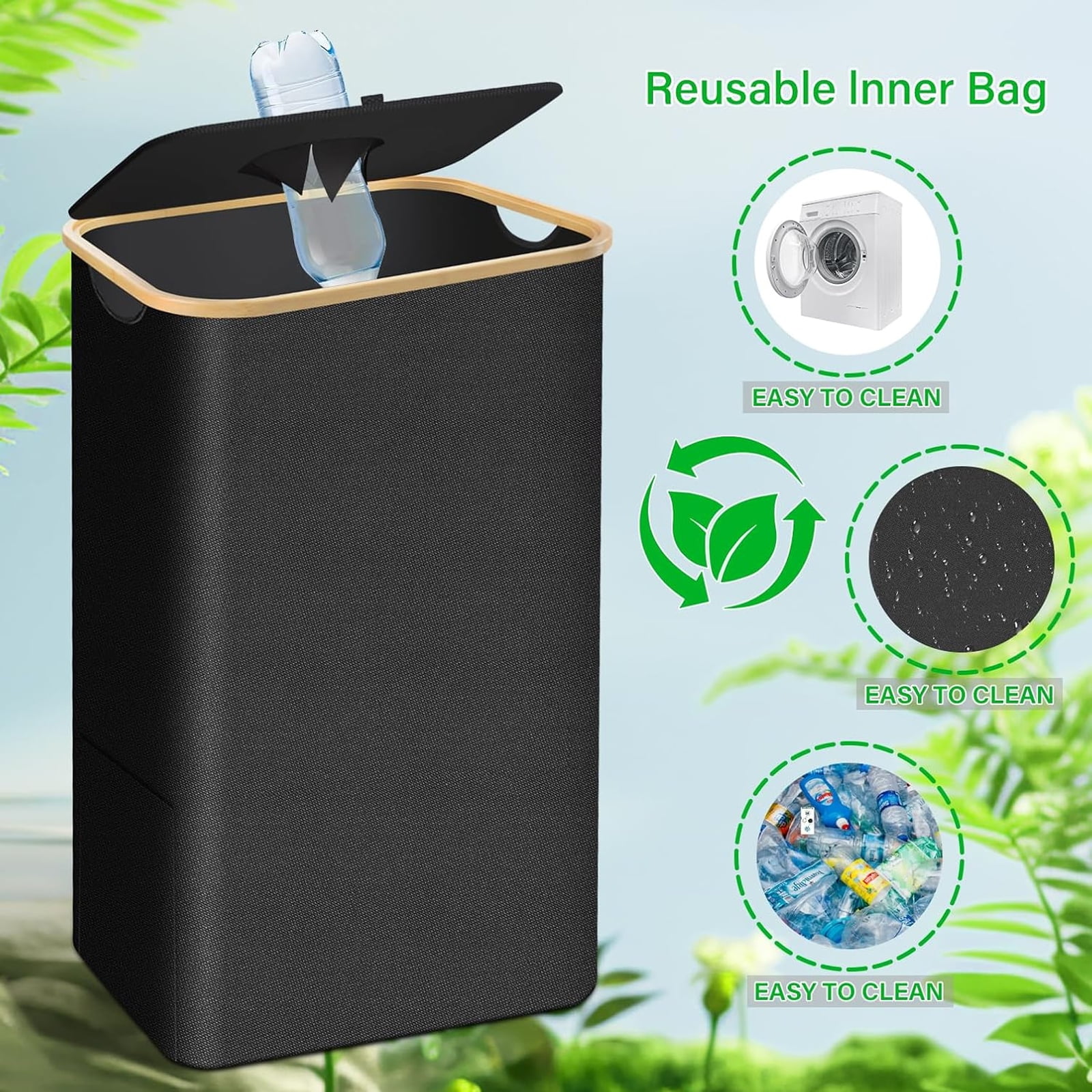 Large Recycling Bin for Kitchen 26 Gallon, 100L Recycle Bin with Lid & 2 Inner Bag, Trash Can for Bottles Cans Cartons Plastice Stickers, Black