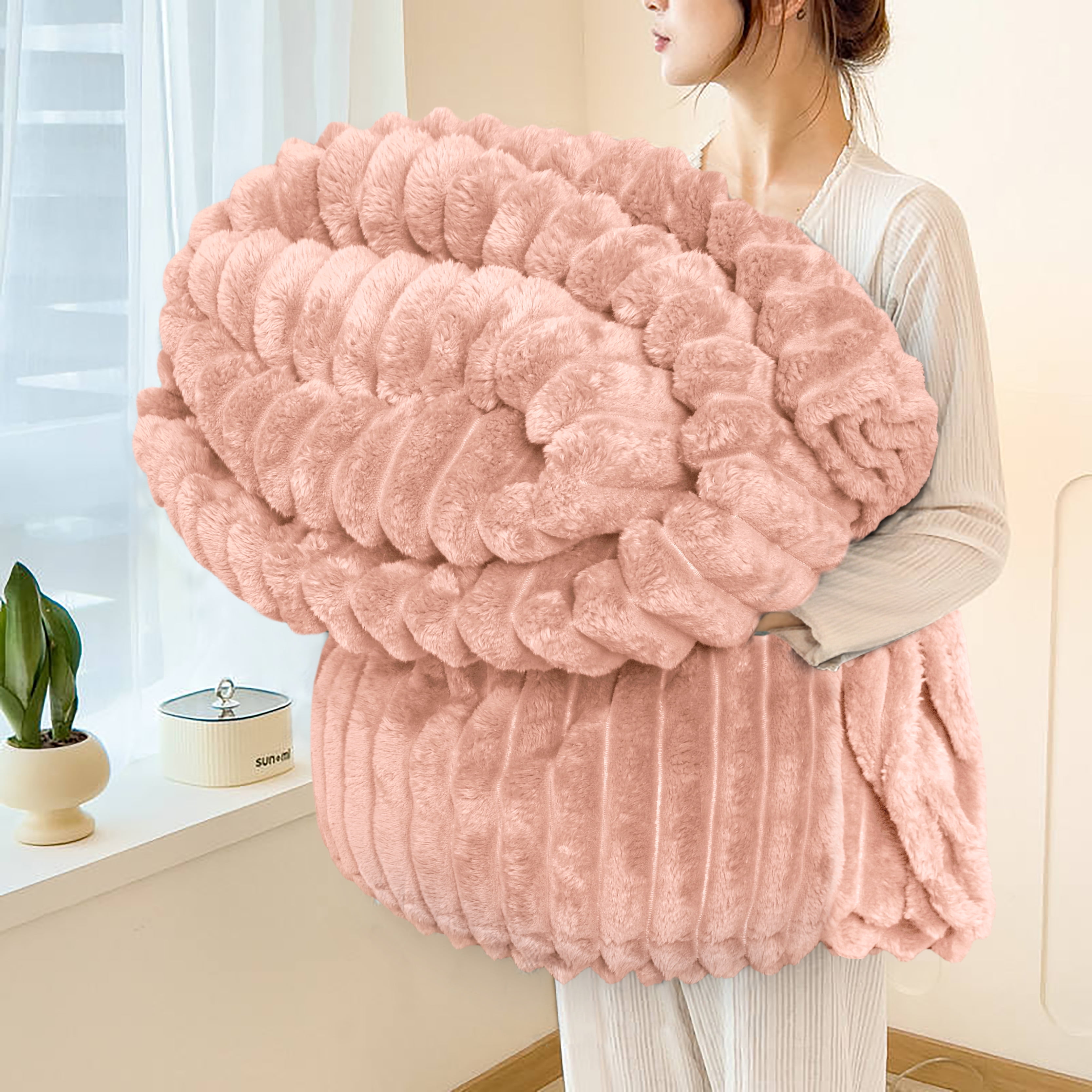 Fleece Blanket Queen Size 90" x 100" - 400GSM Oversized Soft Throw Blanket, Lightweight with Stripes Design Winter Blanket for Bed Sofa Couch