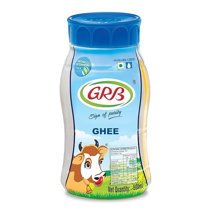 GRB Cow Ghee – Pure Desi Ghee with Rich Aroma & Granular Texture | 100% Cow’s Milk | No Preservatives | ISO 22000 Certified | GMP & HACCP Compliant | Made in India – 500ml