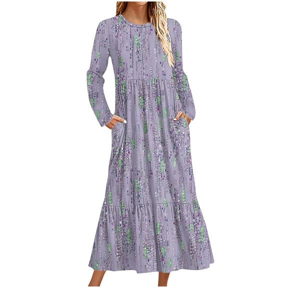 WJHWSX Casual Dresses for Women,Fall Dresses for Women 2025,Womens Dresses,Long Sleeve,Crew Neck,Easy Care,Printed,L(US:8)