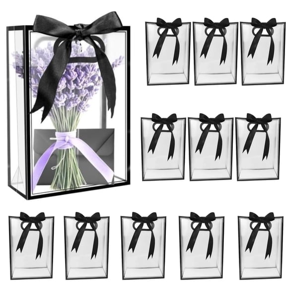 12 Pack Clear Gift Bags with Bow Ribbon - Elegant Large Capacity Plastic Bags | Reusable Party Favor Bags for Gift Baskets, Weddings & Events (14"x9.5"x4")