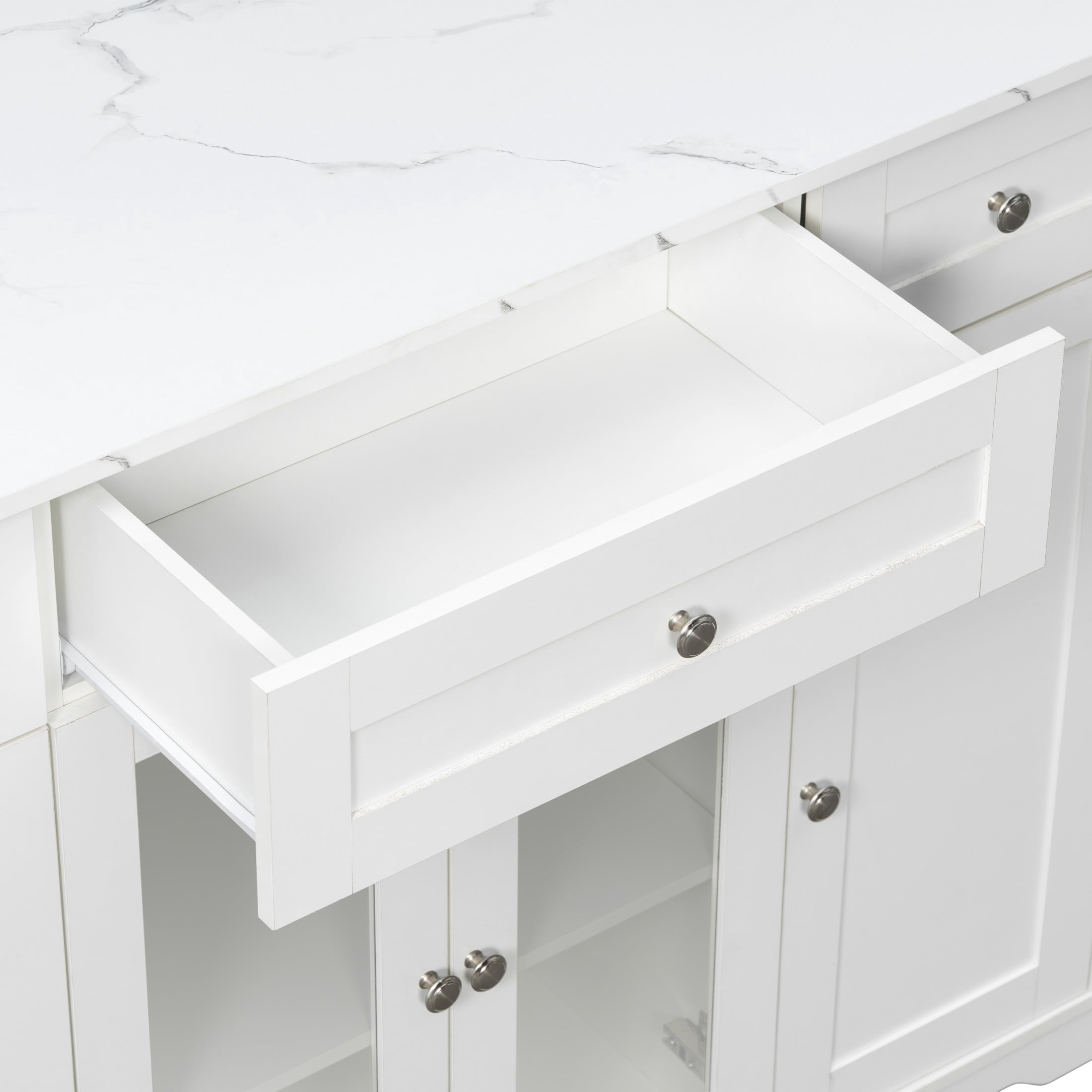 Christopher Knight Home 63" Mobile Kitchen Island Cart, Marble-Look Top, Multi‑Drawer Cabinet, White
