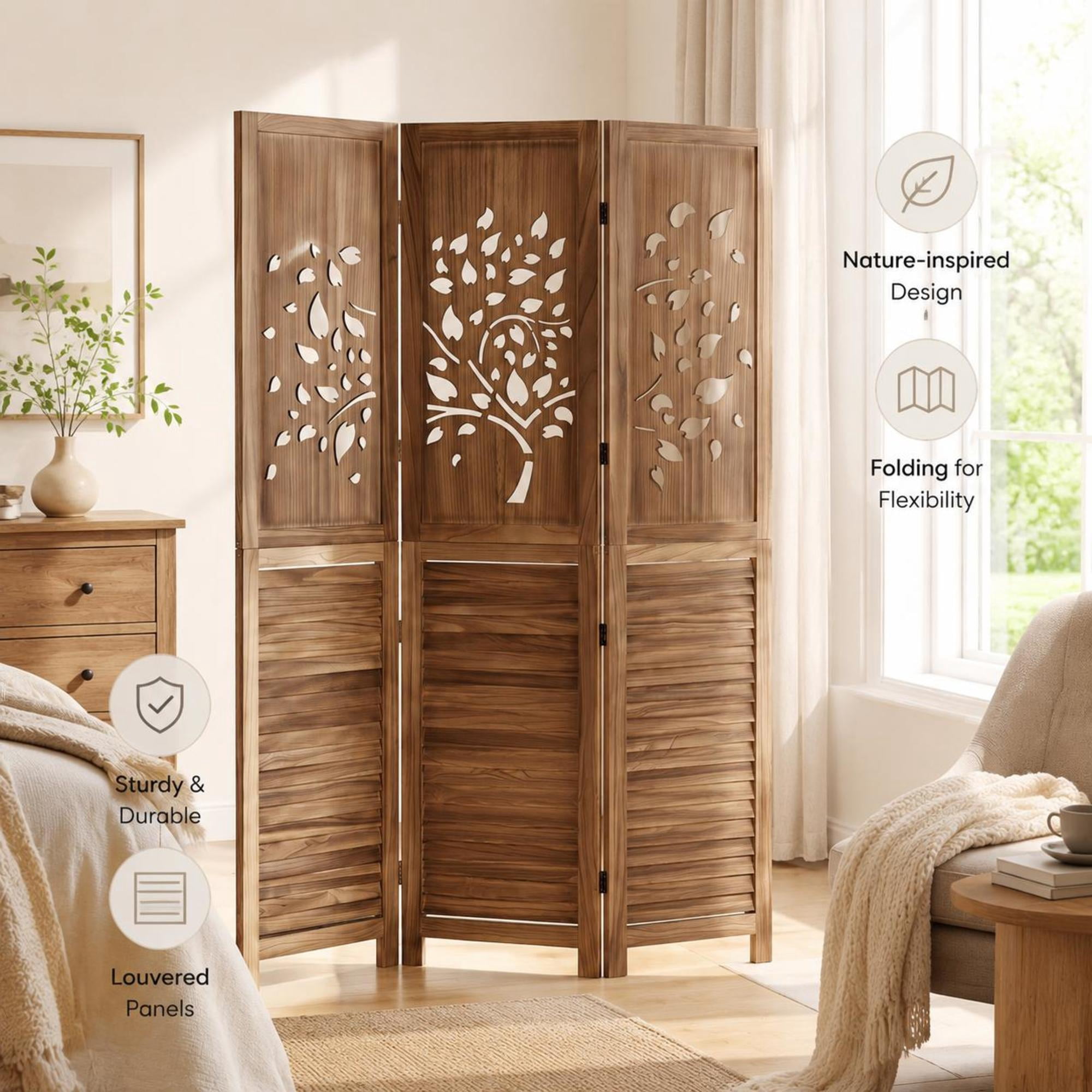 Hand Carved Elephant Design Foldable 4 Panel Wooden Room Divider