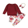 thumbnail image 1 of Baby Girls Spring Fall Clothes Set Solid Color Long Sleeve O-neck Tops Floral Print Trousers Bow-knot Headband, 1 of 6
