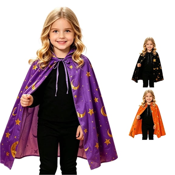 JAJAHO Kids Halloween Cloak Boys Girls Lace Up Star Moon Printed Hooded Party Cape For Trick-or-Treating