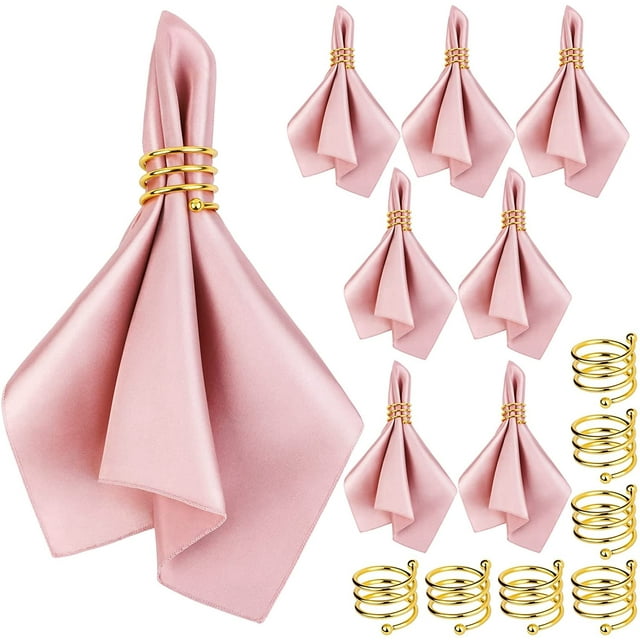 Rose Gold Satin Cloth Napkins and Napkin Rings Set of 8, Smooth Fabric