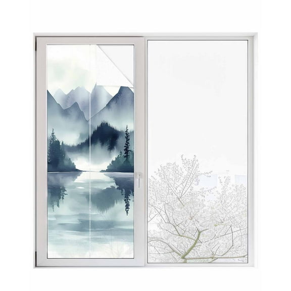 Window Privacy Film Watercolor Lake Forest Stained Glass Window Film Decorative Sun Block Window Cover Abstract Art Mountain Window Clings Static Adhesive Sticker for Bathroom 23.6"x59"