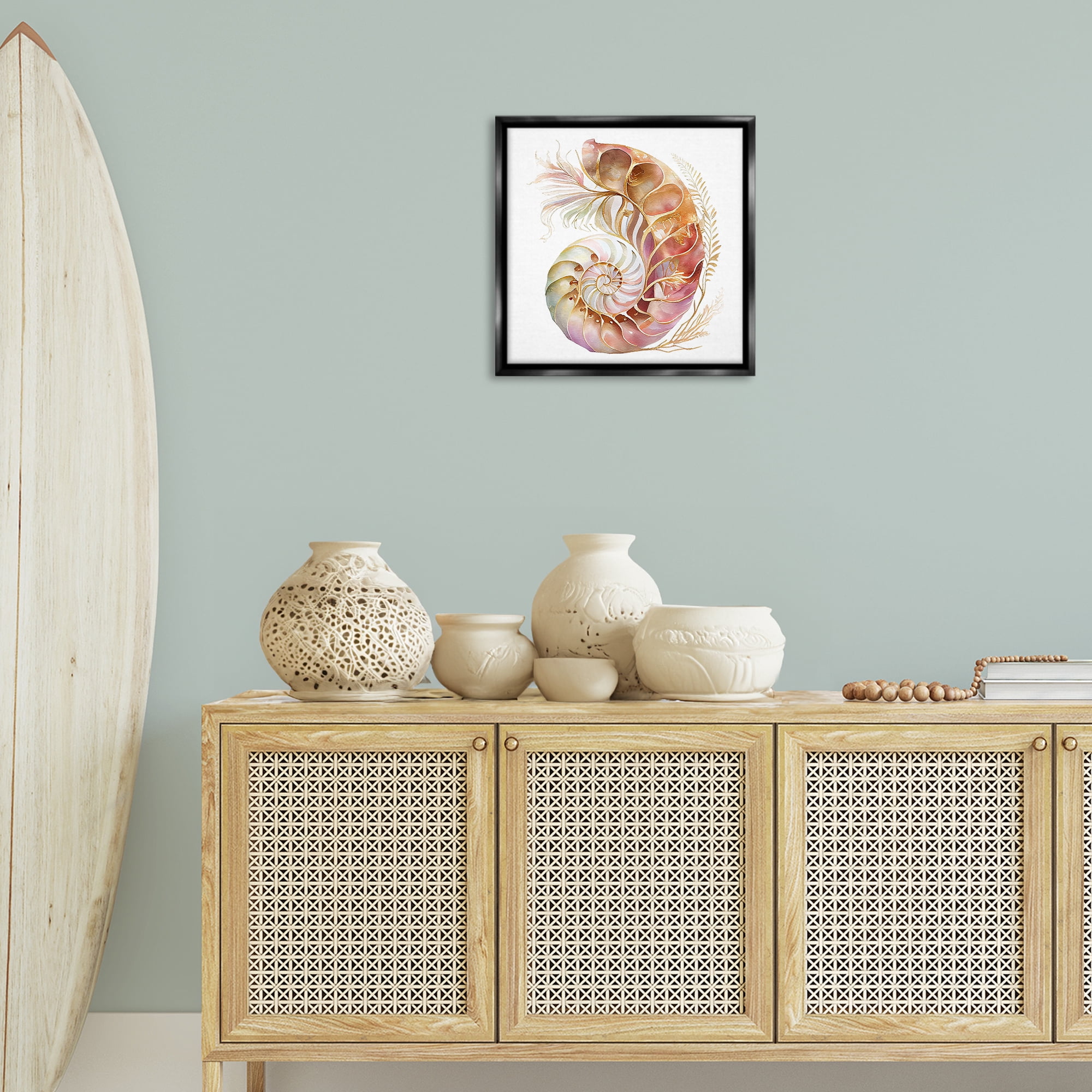 Stupell Industries Curled Nautilus Pattern Nautical & Beach Painting Black Floater Framed Canvas Art Print Wall Art, 18 x 18
