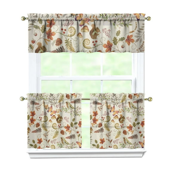 Rod Pocket Kitchen Curtain Set 3-Piece, 27.5x36 Inch Valance & Tier Drapes, Polyester Pongee Cafe Curtains for Living Room, Bathroom, Farmhouse Rustic Country Window Treatments.