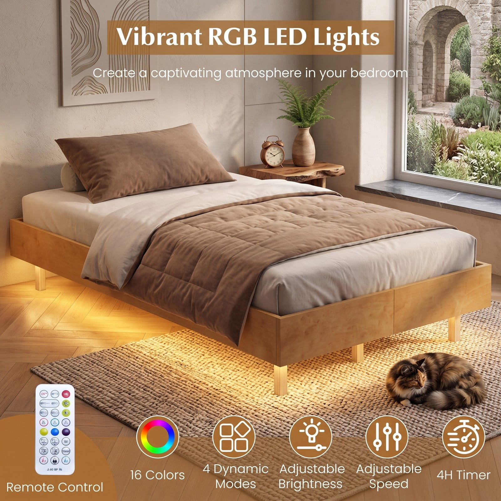 Furnibear Twin Size Floating Wood Platform Bed Frame with RGB LED Lights and Remote Control for Bedroom, No Box Spring Needed, Natural