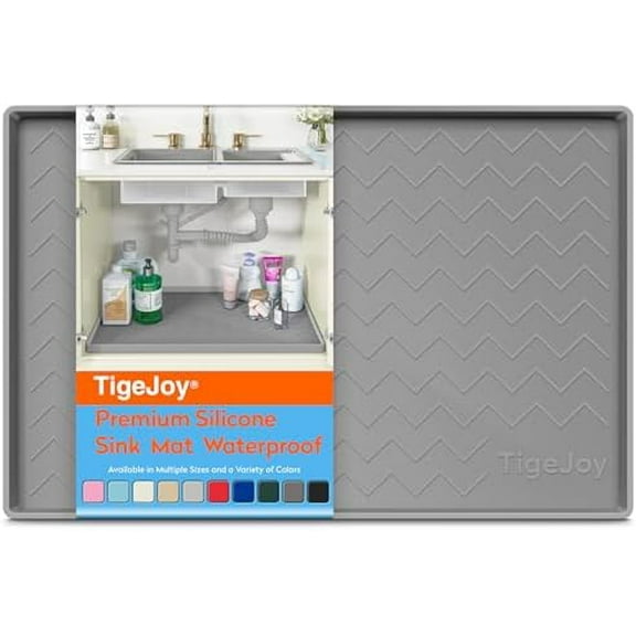Under Sink Mat 22"" x 19""- Waterproof Silicone Shelf Protector for Kitchen and Bathroom Cabinets, Under Sink Drip Tray Organizer, Mat for Kitchen Cabinet Organizers and Storage, Light Gray