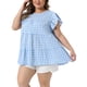 thumbnail image 4 of Blusa de mujer plus size de los años 50 con estampado de cuadros, cuello redondo, mangas cortas acampanadas, blusas de verano estilo babydoll 1X azul, 4 of 6