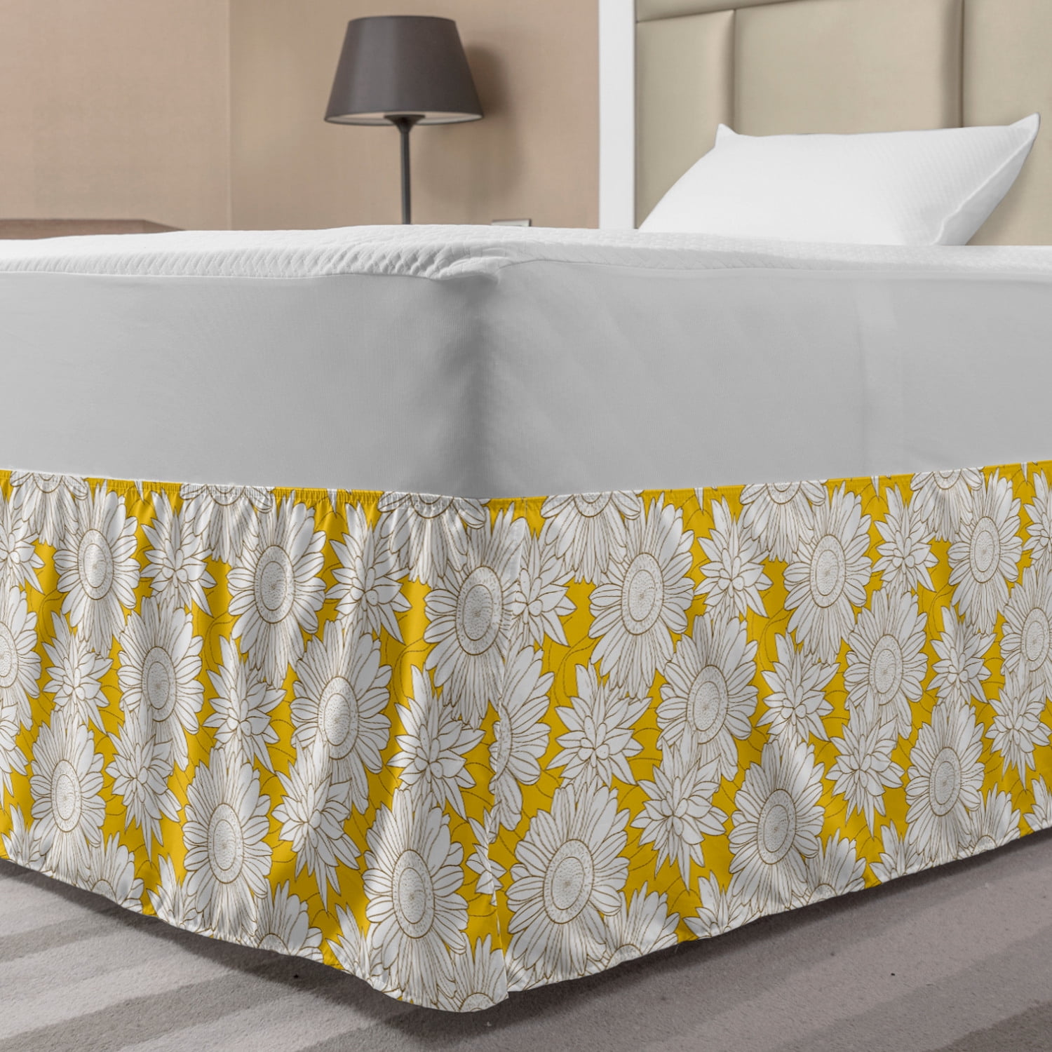 Yellow and White Bed Skirt, Doodle Style Exotic Garden Foliage with