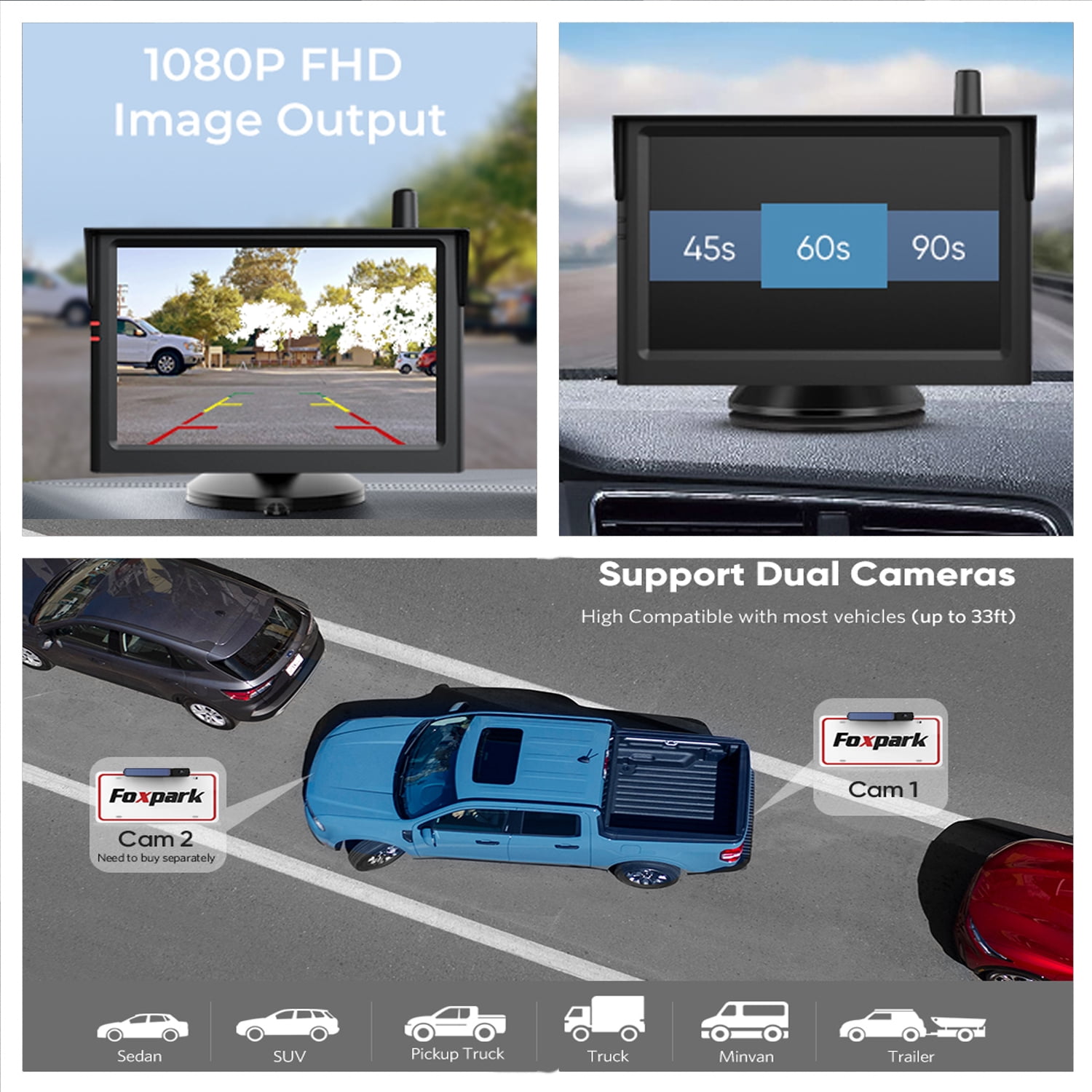 Solar Wireless Backup Camera Trailer Rear View Camera HD Reverse Assistance  Supports 2 Cameras 