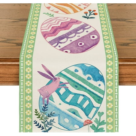 

Cute Easter Eggs Rabbits Easter Table Runner Seasonal Spring Holiday Kitchen Dining Table Runner for Home Party Decor 13 x 72 Inch