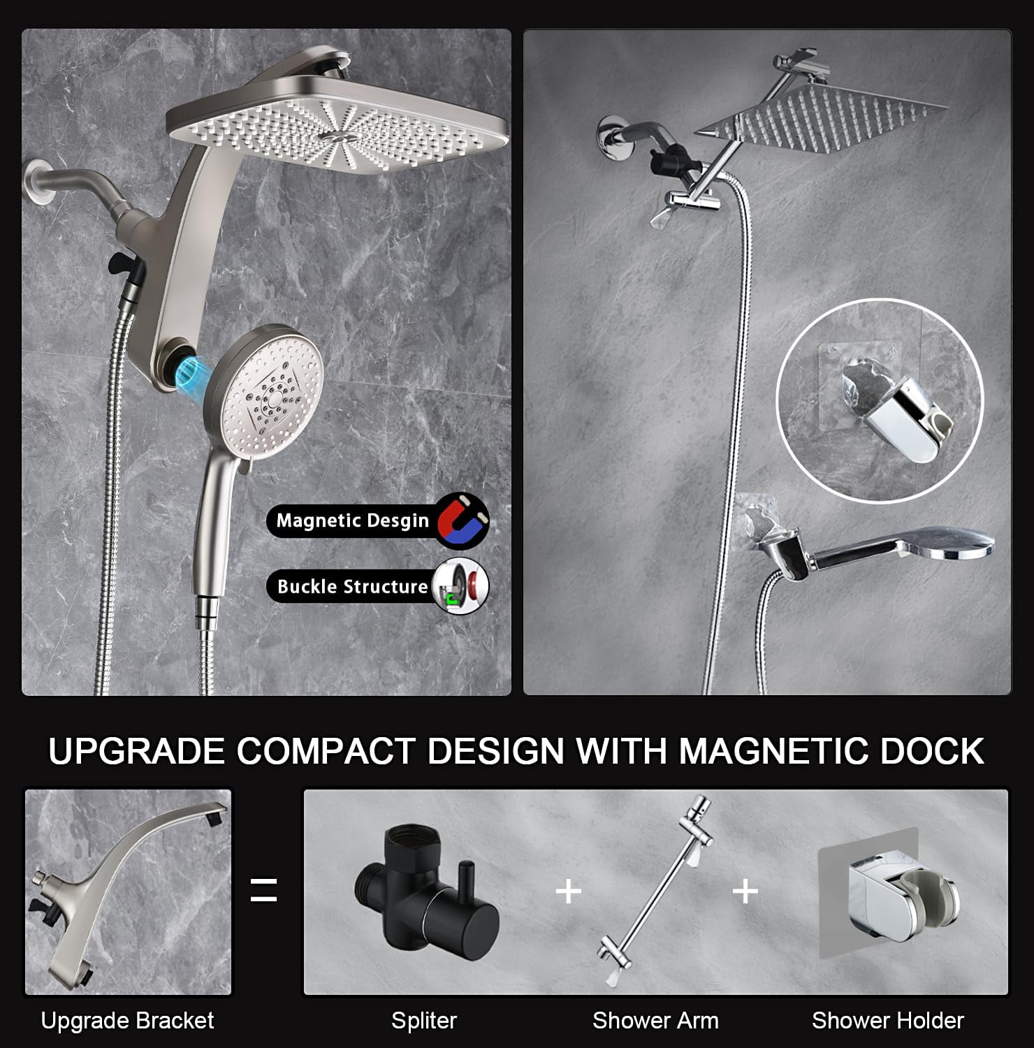 High Rain Shower Head: Upgrade Heads With Handheld Spray Combo Fixed Showerhead And 10 Sprays Head  Detachable Showerheads Built-in Magnetic Docking Power Jets