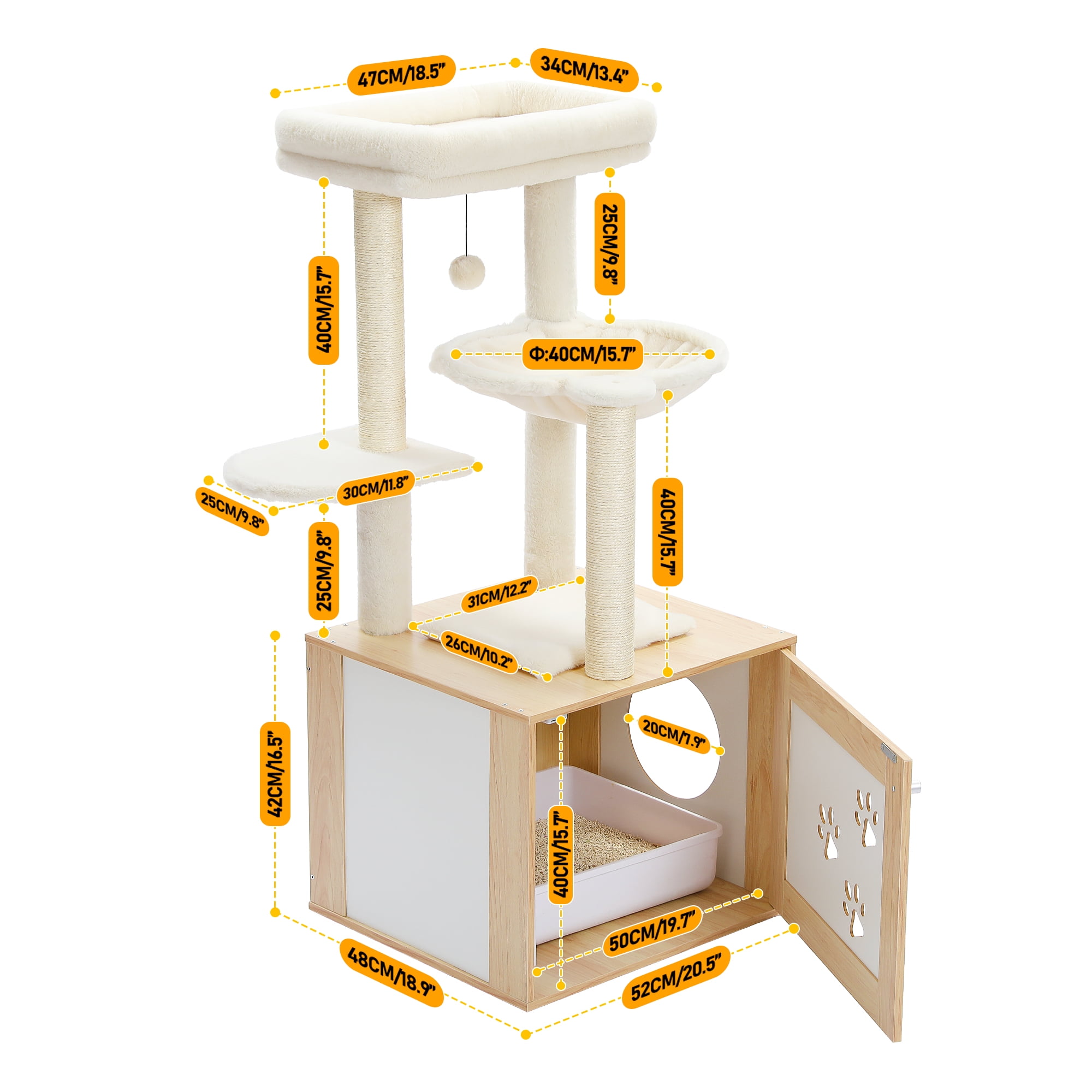 Kadyn 46" Cat Tree Tower with Litter Box Enclosure, Wood Cat Condo with Hammock, Cat Scratching Posts, Removable Top Perch, Beige