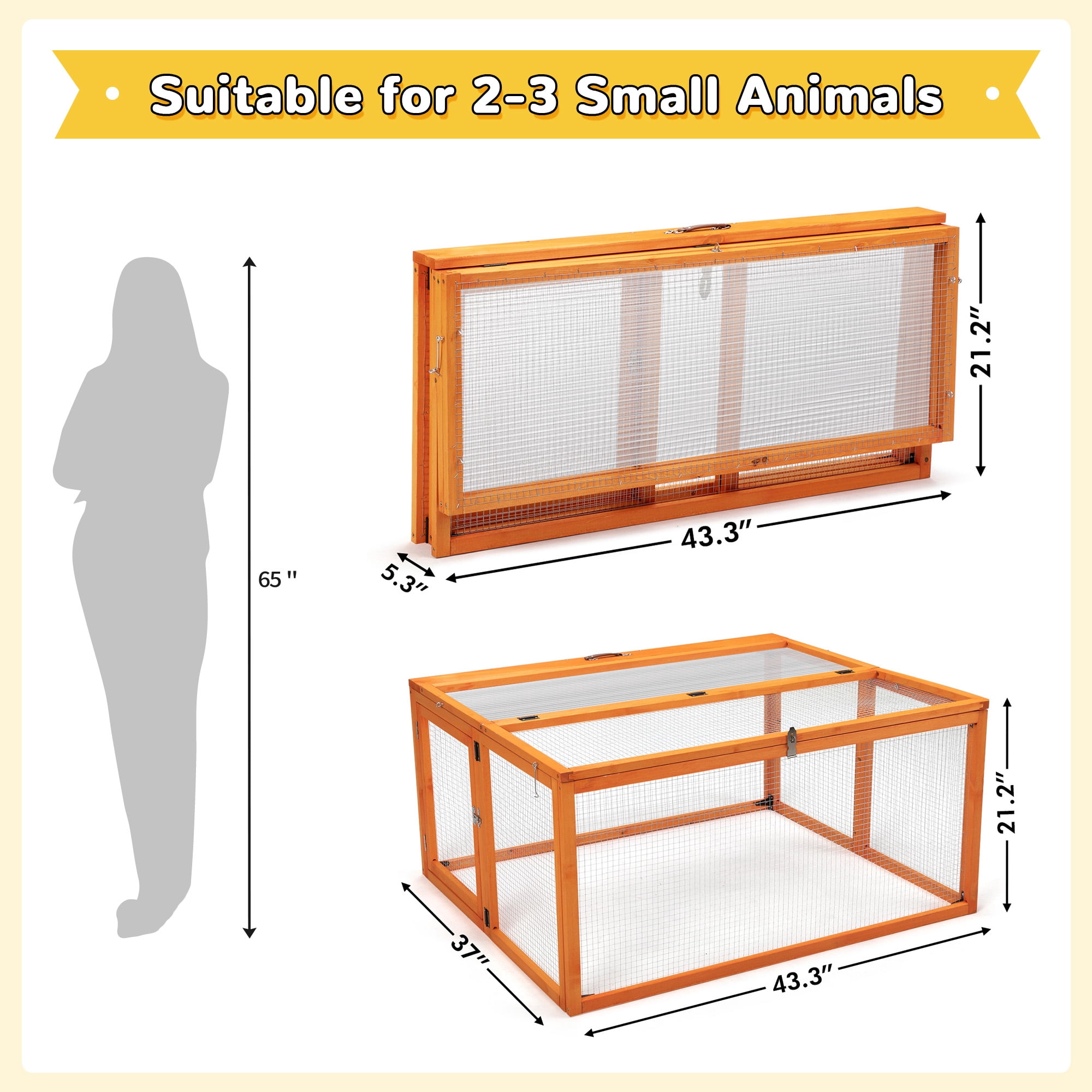 Folding Rabbit Hutch, Portable Wood Chicken Coop Run, Outdoor Pet Cage with Openable Sun Panel Top