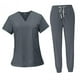 thumbnail image 1 of Conjunto exfoliante femenino, ropa de trabajo de enfermera, escote en V, Top profesional lavable a máquina y Gris Yuyangstore Blusa y pantalones médicos, 1 of 8