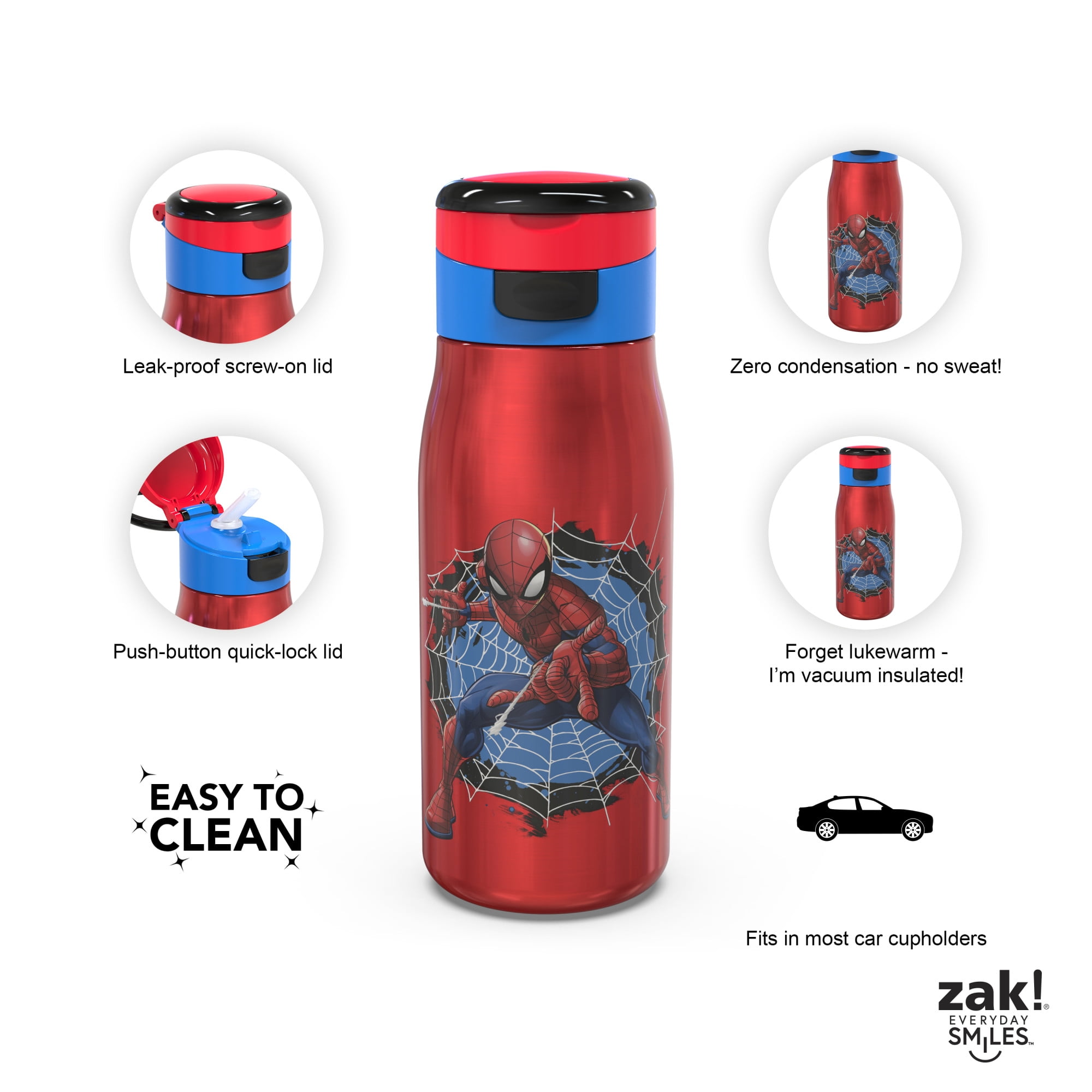 Zak Designs Marvel Comics 13.5 ounce Vacuum Insulated Stainless Steel Water Bottle, Spider-Man