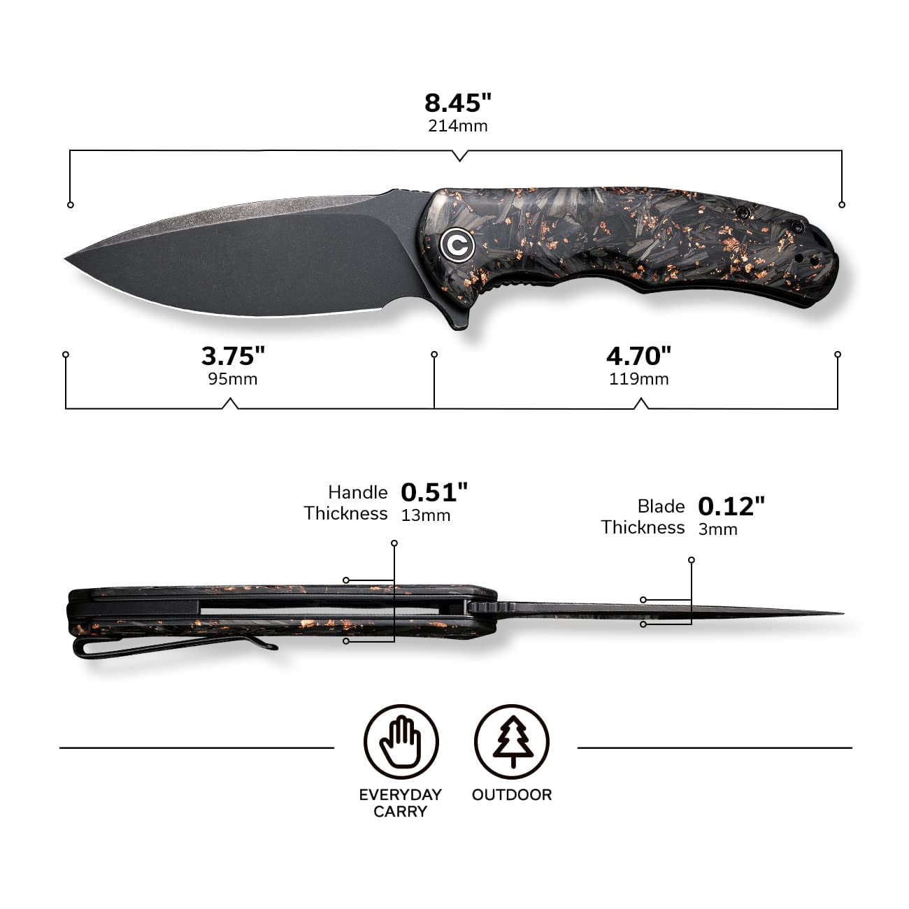 CIVIVI Praxis Pocket Knife 3.75" 9Cr18mov Blade Copper Carbon Fiber Shred Handle C803I