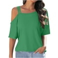 thumbnail image 2 of Tops for Women under $5 Off Shoulder Short Sleeve Solid Color T Shirts Blouses Summer Casual Tees Green S, 2 of 6