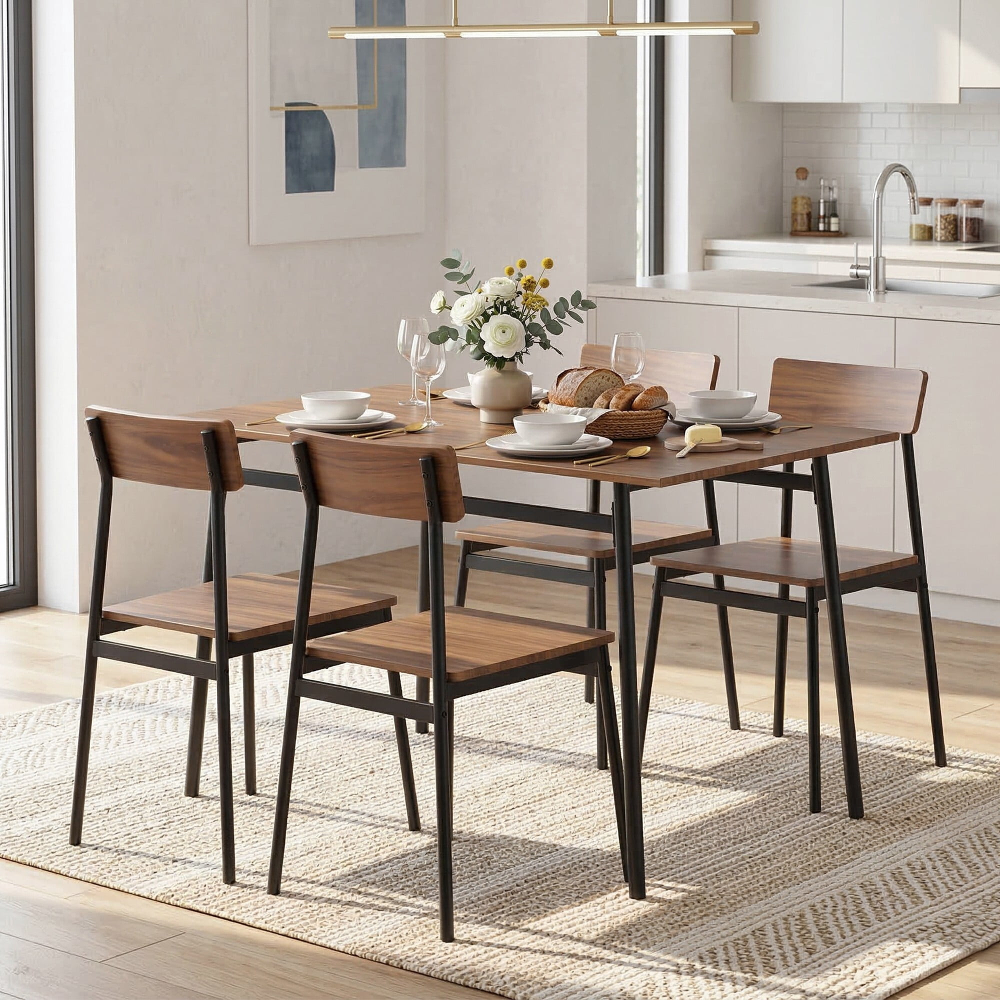 AENKYO 5-Piece Dining Table Set for 4, Walnut Wood Top Kitchen Table with 4 Chairs, Space Saving for Small Spaces