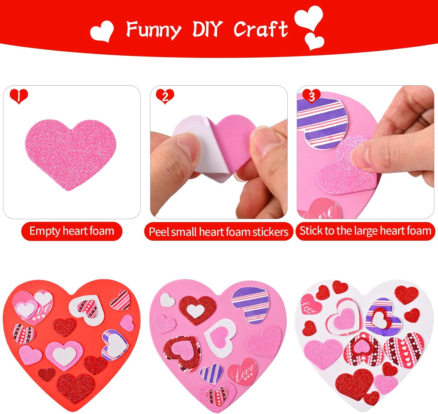 Valentine's Day Foam Heart Stickers Kit Includes Large Foam Hearts and Glitter Self-Adhesive Heart Stickers for DIY Craft Supplies