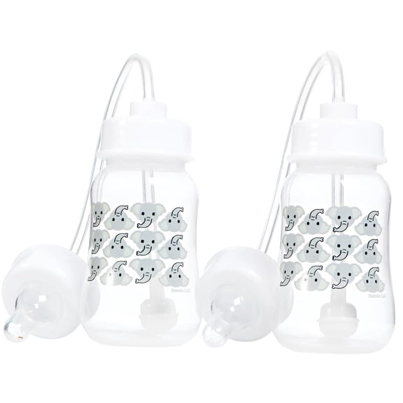 Hands-Free Baby Bottle - Anti-Colic Nursing System 4 oz Baby Bottle with Fast Flow Nipple/Teat 3m with Tube Straw Feeding System for Toddler (2 Bottles - Elephant)