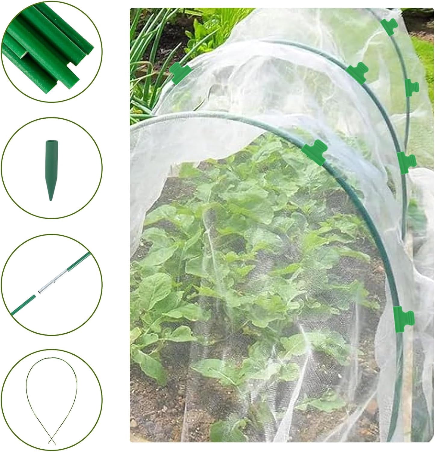 Garden Netting Kit, 8 x 24 ft Fruit Tree Mesh Netting with 5 Sets Fiberglass Garden Hoops & 20 Clips, Insect Bird Barrier Cover for Vegetable, Fruit, Flowers Protection, White