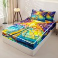 thumbnail image 3 of Manfei Stained Glass Wilderness Tent Pattern Zipper Full Size Comforter Sets with Fitted Sheet and 2 Pillowcases,Mountain Sunset Lake Print Zipper Bedding Set,Blue Yellow,Reversible, 3 of 7