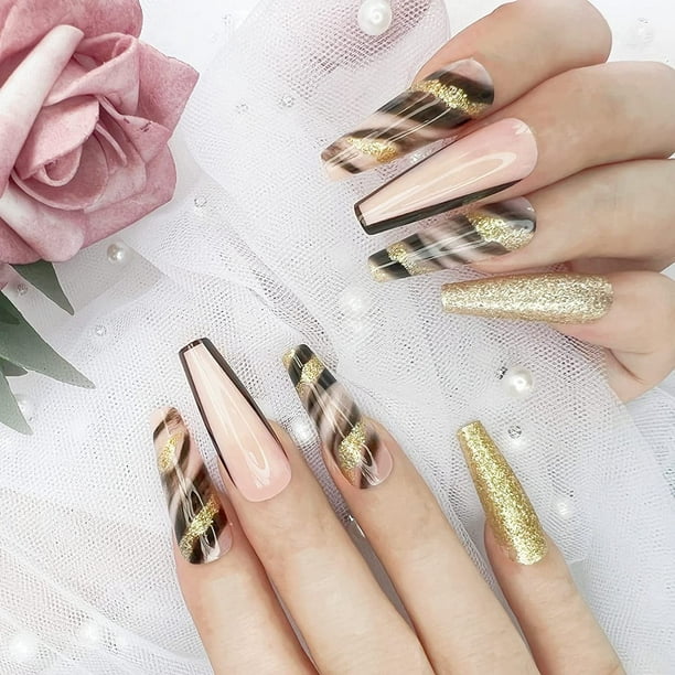 French Press on Nails Long with Designs Black and Gold False Fake Nails  Press On Coffin 24 Pcs 