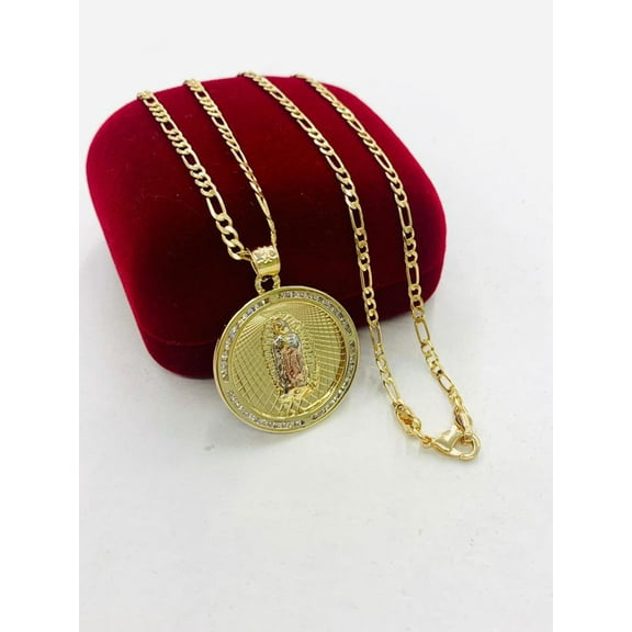 14K Gold Filled Tri Color Virgen de Guadalupe Necklace 28x25 Figaro Chain for Womens