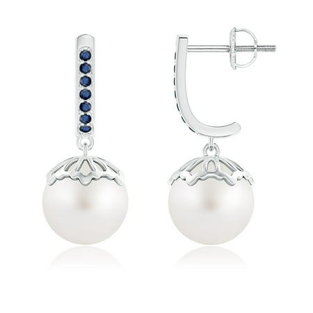 14 Mm South Sea Shell June Birthstone Earrings - Classic South Sea Cultured Pearl & Sapphire Dangle Earrings in 14K White Gold (9mm South Sea Cultured Pearl)- SE1206SSPRS-WG-AA-9 ()