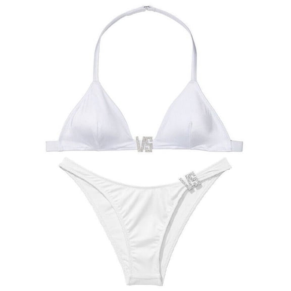 Victoria's Secret White Embellished VS Shine Logo Swim Bikini 2 Piece Set Size X-Large NWT