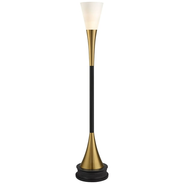 Possini Euro Design Modern Torchiere Floor Lamp With Riser 77 Tall Antique Brass Black Frosted White Glass Shade Living Room Reading House Com Modern Torchiere Floor Lamp, Lamp Shade Holder And Riser