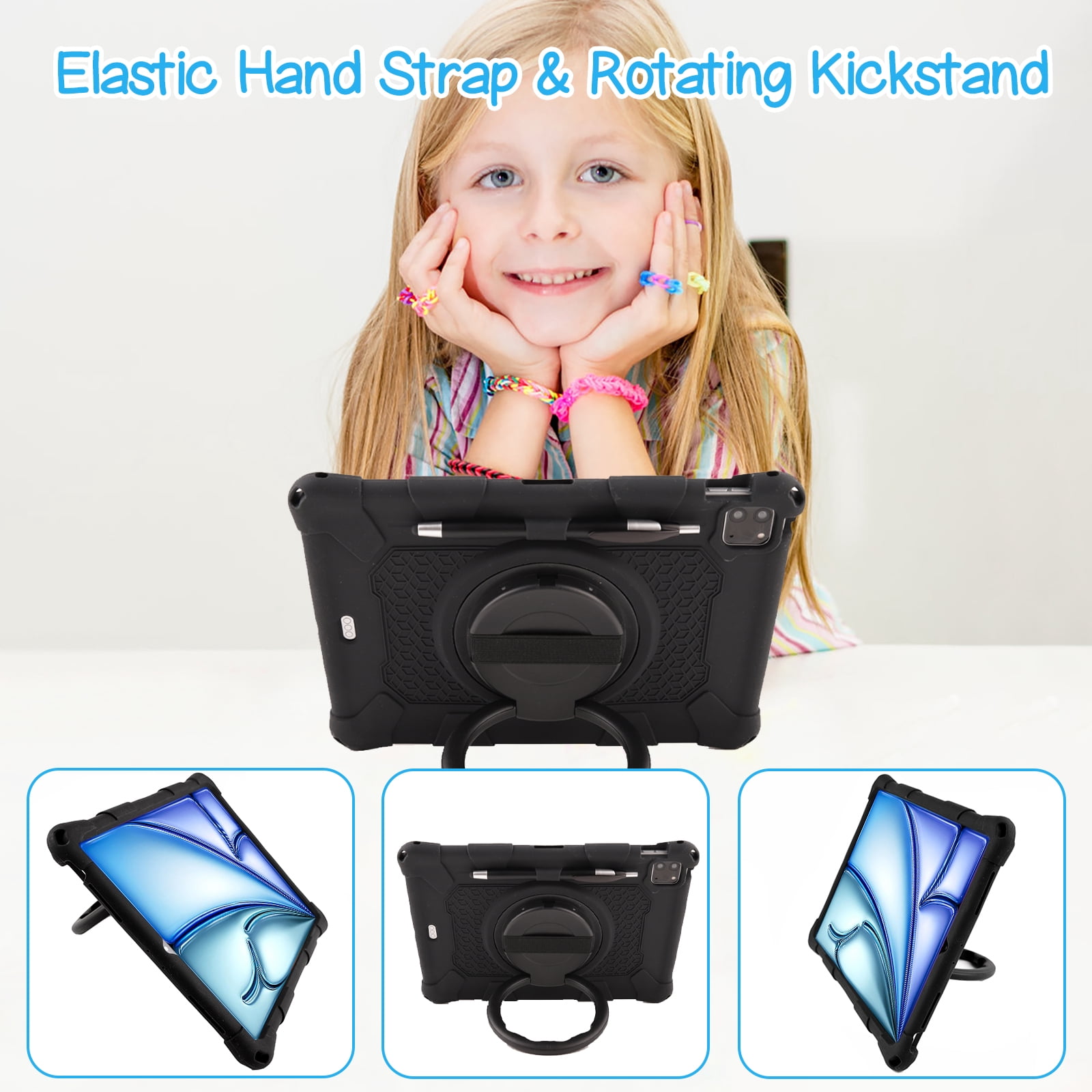 Case for Apple iPad Pro 11 5th 4th 3rd 2nd 1st Gen/ iPad Air 11 2024 M2/Air 4 5, Soft Silicone Drop Protection Rotating Kickstand with Shoulder Strap Pencil Holder Kids Friendly Lightweight, Black