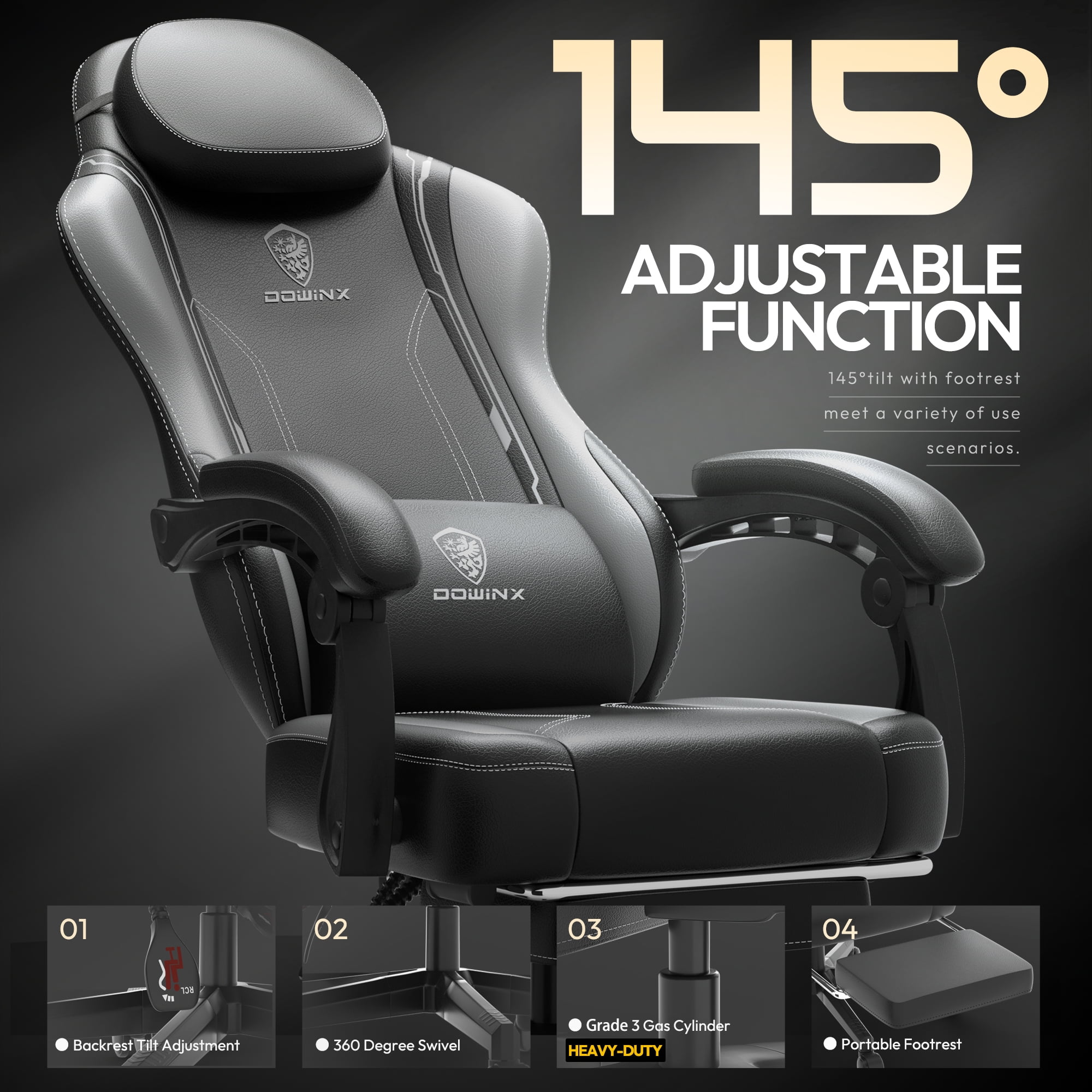 Dowinx Gaming Chair with Pocket Spring Cushion for Adults, Ergonomic Computer Chair with Footrest and Massage Lumbar Support for Office, Gaming, 300LBS, Grey