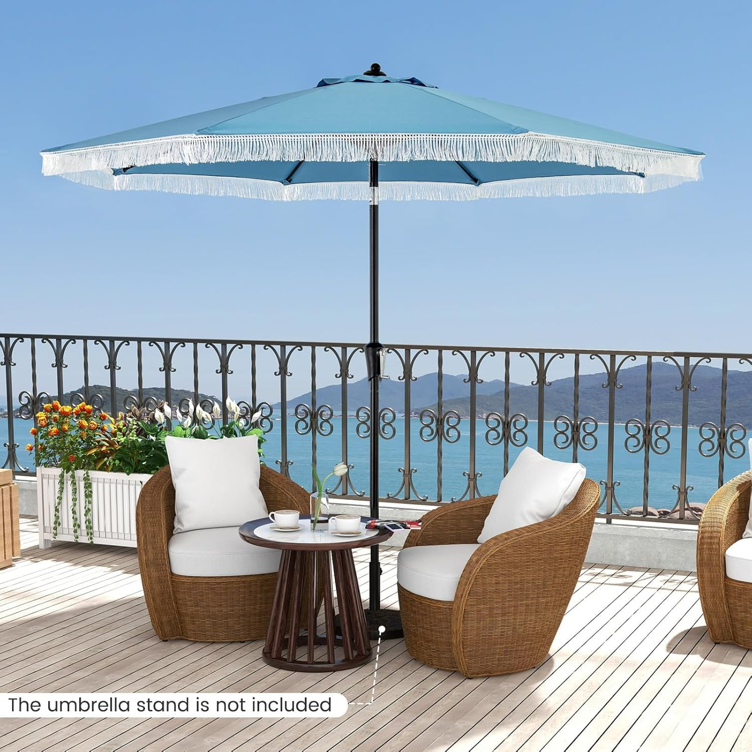 CRXX 9 FT Patio Umbrella with Fringe, Outdoor Tassel Umbrella with Push Button Tilt, Crank, 8 Ribs, Vented Top, Fade-resistant Canopy, Heavy-Duty Market Table Umbrella for Yard Garden Pool-Blue
