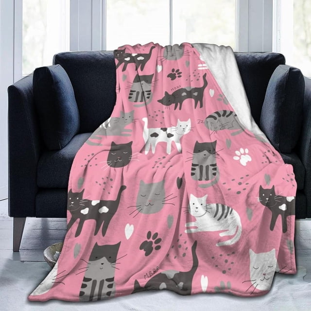 Manta de forro polar decorativa ultra suave y cálida para todas las estaciones con diseño de patas de gato, infantil y naive (rosa), para cama, silla, coche, sofá, dormitorio, 80 x 60 pulgadas